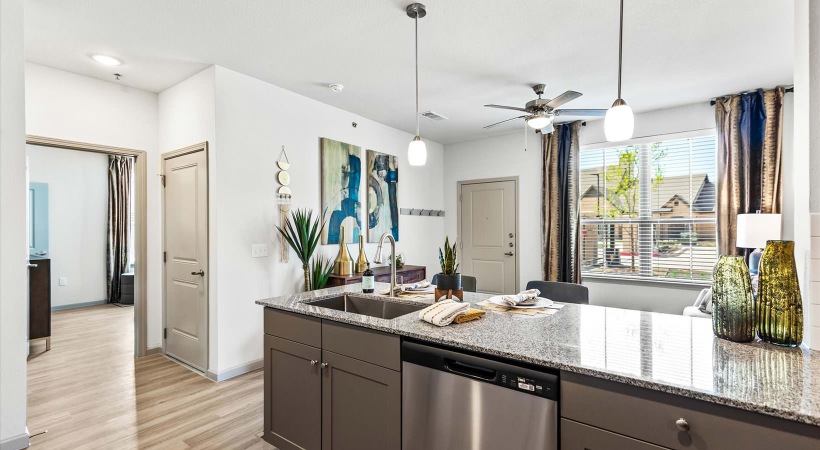 a kitchen with a large island